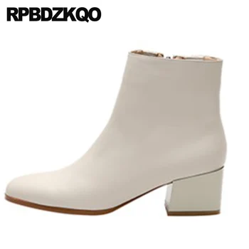 

ankle high heel chunky quality fall beige booties block genuine leather custom luxury brand shoes women boots autumn square toe