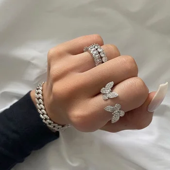

2020 new open adjust size cz rose gold color ring 5a cz paved cute lovely double butterfly rings for women finger jewelry