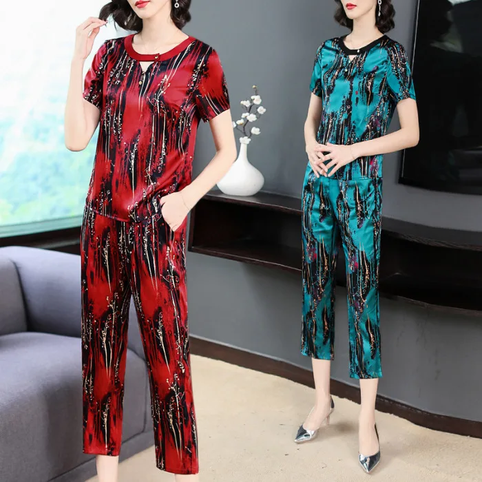 

Versatile WOMEN'S Suit 2019 Summer New Style Fashion Casual Two-Piece Set Short Sleeve Printed Mulberry Silk Tops Capri Pants