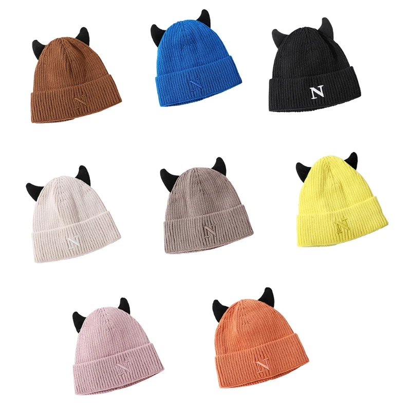 Cute Cow Horns Wool Hat Letter N Knitted Hat Ear Protect Warm Autumn Winter for Boy Girl Xmas Halloween New Year Party