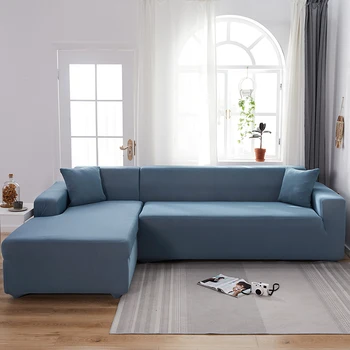 

Solid Color Elastic Corner Sofa Cover for Living Room Stretch Sofa Towel Flexible Polyester Chaise Longue Slipcover Lake Blue