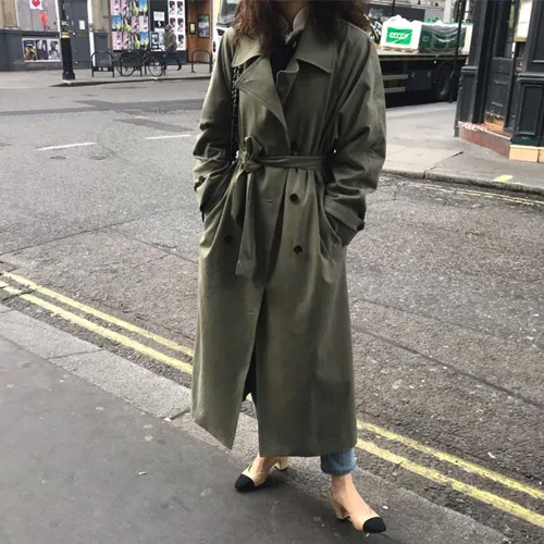 

Green/Khaki Female X-Long Loose Coats With Belt Double-Breasted Turn-Down Collar Long Sleeve Women Trench Plus Size Lady Outwear