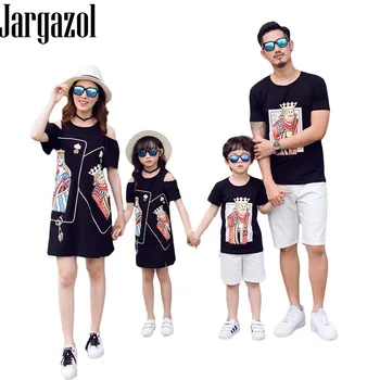 

matching outfits mother daughter dresses family look strapless off shoulder Poker face printing dress dad mommy and me clothes