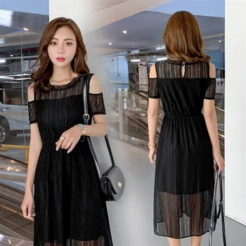 

Elegant Fashion Hollow Out Black Dress Women Short Sleeve Autumn Spring A Line Solid Party Dress Sexy Fashion Clothing 2020