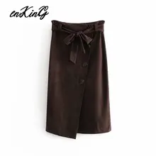 Элегантная винтажная замшевая юбка средней длины в английском стиле, женские длинные юбки с высокой талией и поясом faldas mujer moda