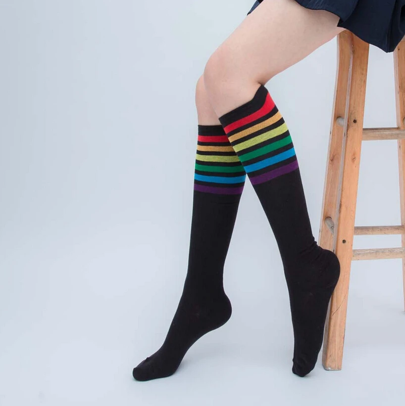 Новые модные женские чулки выше колена, Длинные вязаные чулки, полосатые чулки до бедра, 38 см - Цвет: Черный