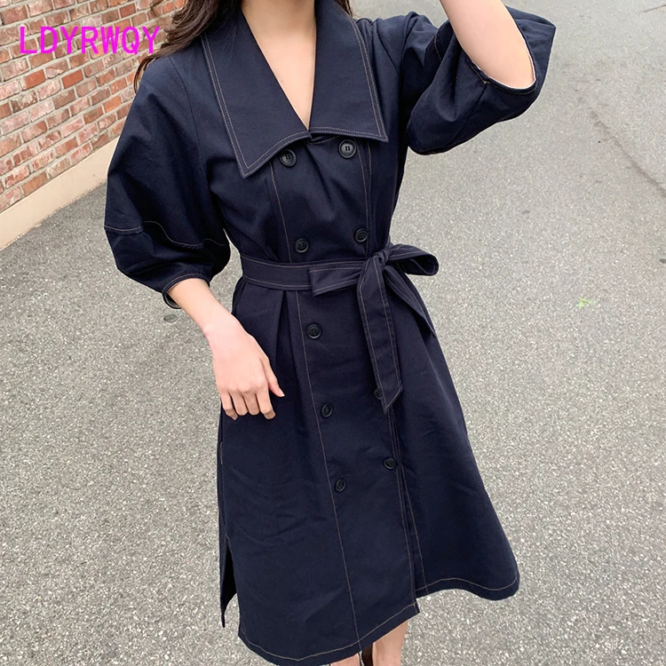 2019 new Korean loose dress   Three Quarter  Sheath  Office Lady  Turn-down Collar  Knee-Length  Lantern Sleeve