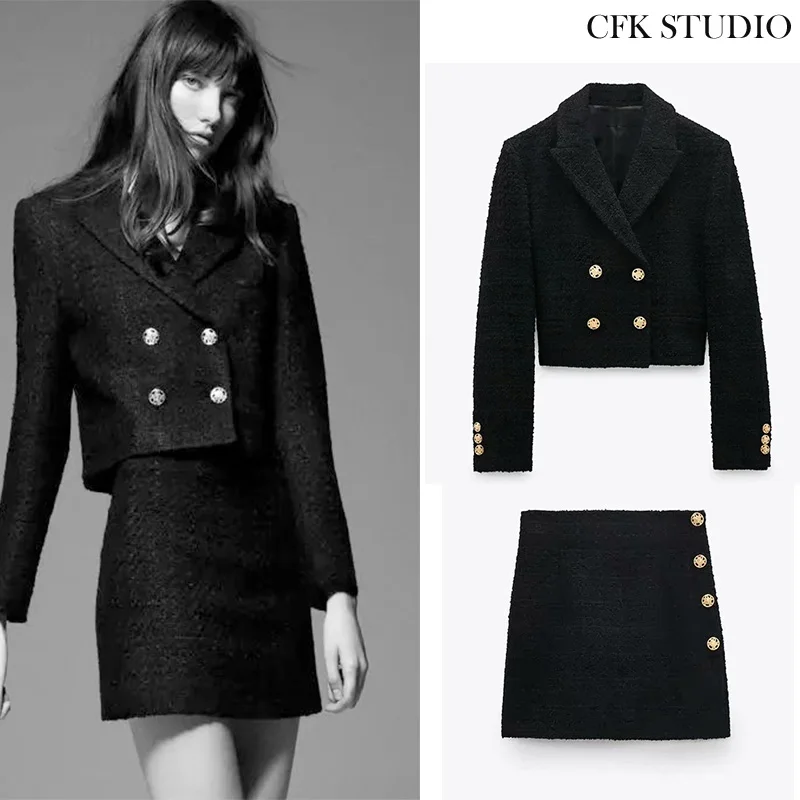 Women Tweed Coat 2020 New Winter Fashion Double Button England Style Jacket +miniskirt Femme Casual Black Two Pc Sets |