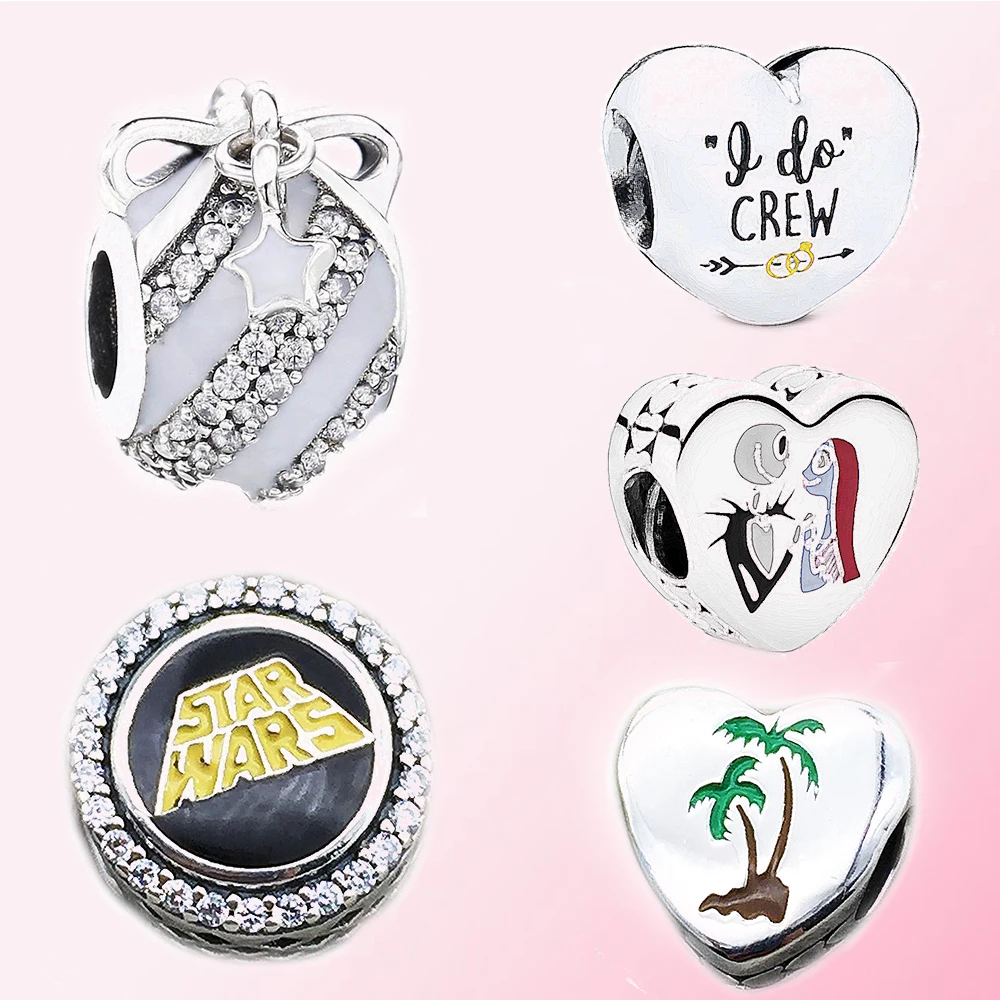 

100% 925 Sterling Silver Palm Tree Crew Charm Christmas Eve Nightmare Heart-shaped Beaded DIY Bracelet Wholesale Free Shipping