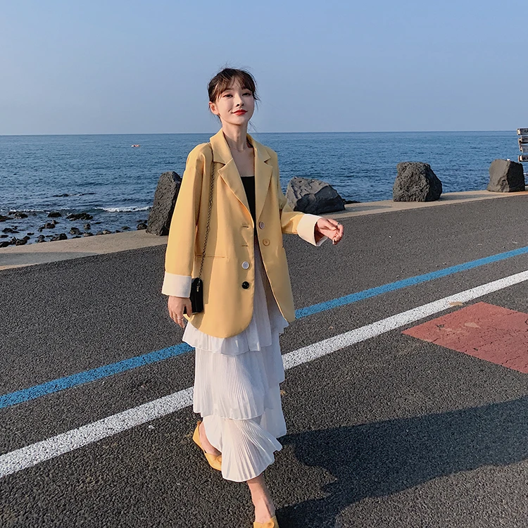 

Женский блейзер в Корейском стиле, однобортный свободный красный костюм в сеточку, повседневный жакет с длинными рукавами и карманами, желтые и зеленые пальто