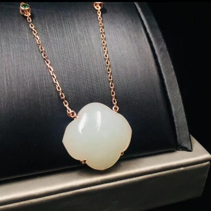 Natural Chinese HeTian 925 Silver White Jade Polygon Design Pendant Necklace For Women Charm Jewelry Gift