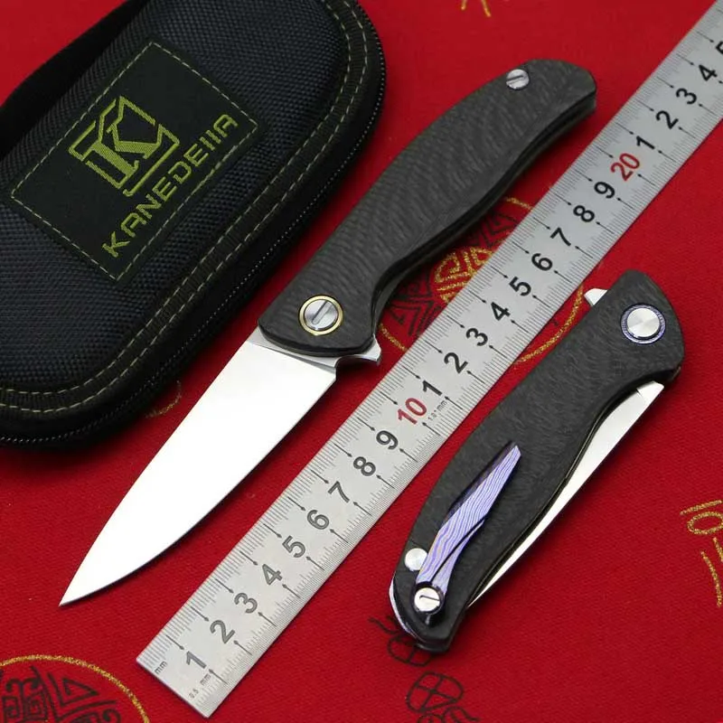 

2019 KANEDEIIA F3 folding knife M390 blade carbon fiber+ brass handle utility camping hunting pocket kitchen knives EDC tool