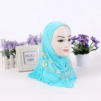 Мусульманский Стиль детский хиджаб шарф накидки с цветочным узором для детей Полиэстер Пашмины Hi jab bufanda для молодых людей - Цвет: Небесно-голубой