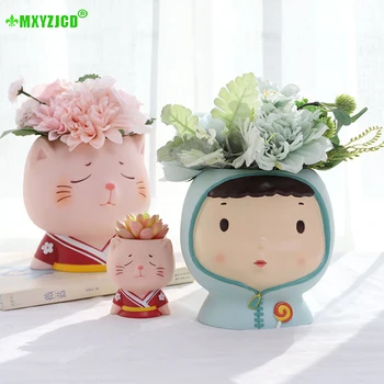 

Cartoon Boy Girl resin Flower Pot Character Animal Sculpture Potted Storage Container Home Decor Garden Succulent Plant Pot