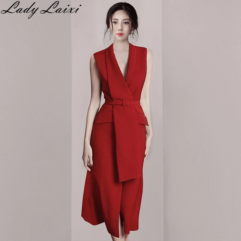 

2019 Autumn High quality New Sexy V-neck Blazer dress Sleeveless Sashes Red Office Lady Midi Dress