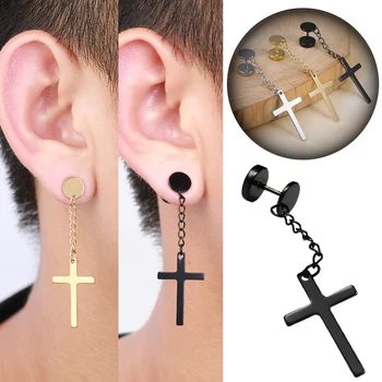 

1PC Fashion Religious Cross Dangle Earrings Ear Plugs Titanium Simple Steel Black Gold Long Earrings Men Women 2020 summer new