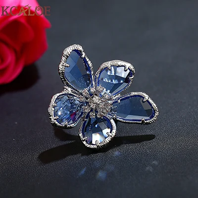 KCALOE синий прозрачный кристалл обручальные кольца большие цветы ювелирные изделия посеребренные кубический цирконий обручальное кольцо Anel Feminino - Цвет основного камня: blue crystal silver