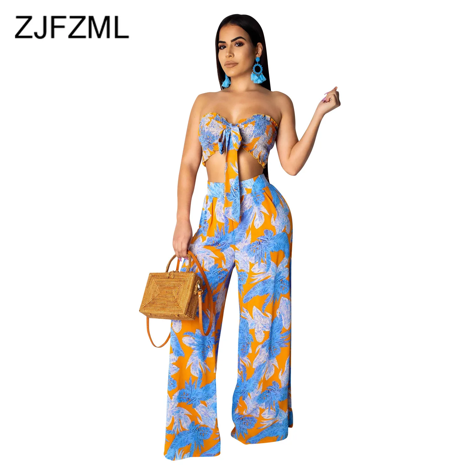 

Leaves Print Sexy 2 Piece Tracksuits Women Bow Tie Backless Crop Top And Wide Leg Pants Summer Outfits Two Piece Matching Sets