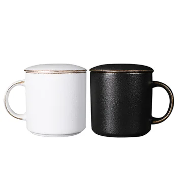 

Mug Solid Color Golden Border Nordic Breakfast Cup Porcelain Minimalist Coffee Cup with Cover Spoon Bulk Office Couple Mug