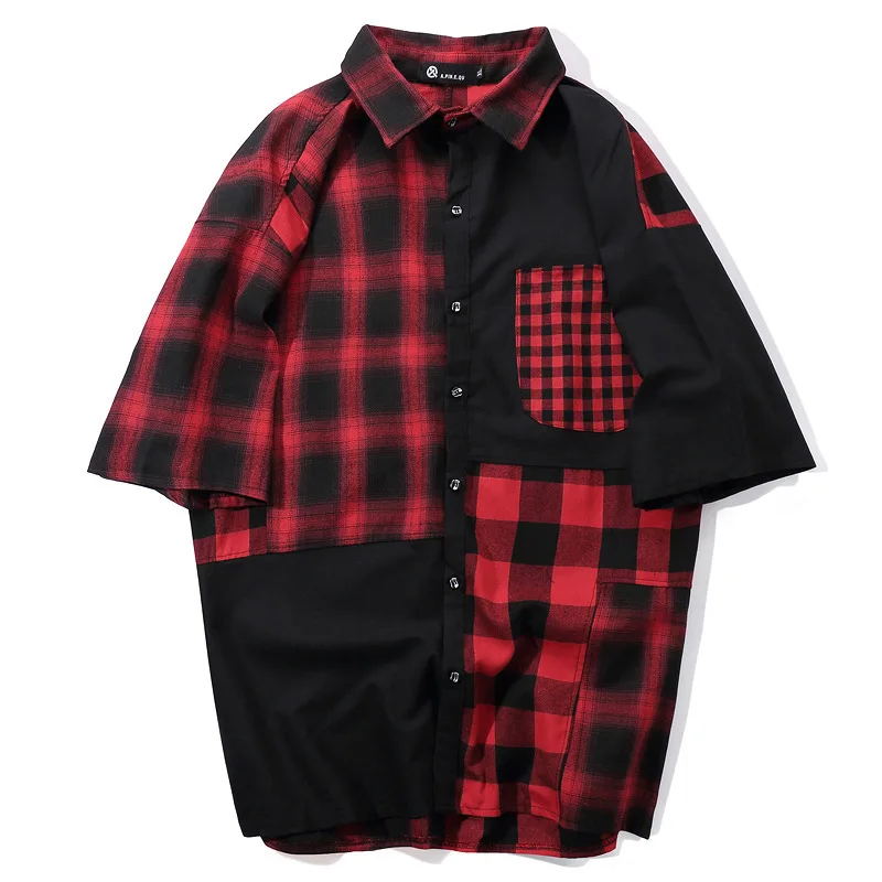1404 летние мужские рубашки в стиле хип-хоп, свободная уличная клетчатая рубашка свободного цвета, мужской, с длинными рукавами, черные, красные повседневные мужские рубашки