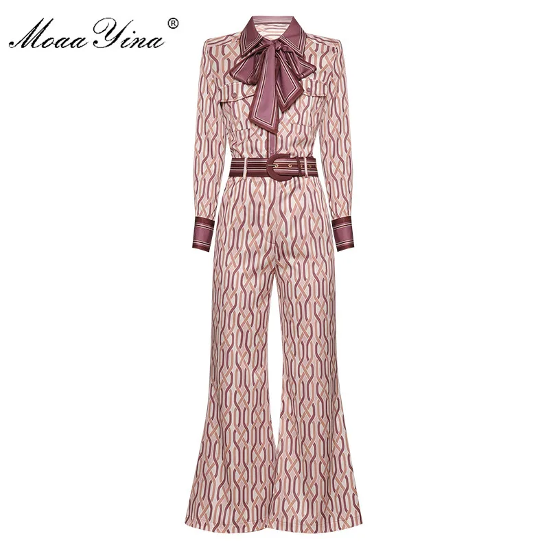 

MoaaYina Fashion Designer Set Spring Autumn Women Long sleeve Stripe Print Shirt Tops+Belt Bell-bottomed pants Two-piece sui