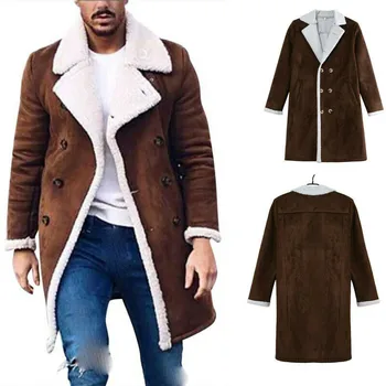 

Men's Winter Warm Trench Windproof Fur Fleece Long Coat Overcoat Lapel Warm Fluffy Jacket Buttons Outerwear Plus Size Coat
