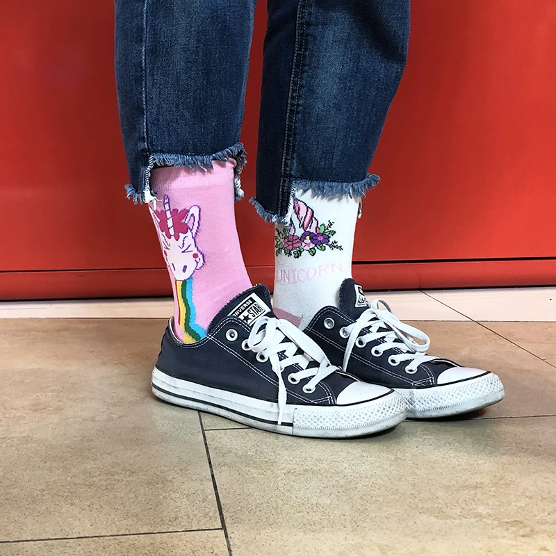 VPM, цветные хлопковые женские носки Harajuku Kawaii, новинка, милые Мультяшные забавные носки с изображением мороженого, кота, радуги, единорога, черепа, динозавра, подарки