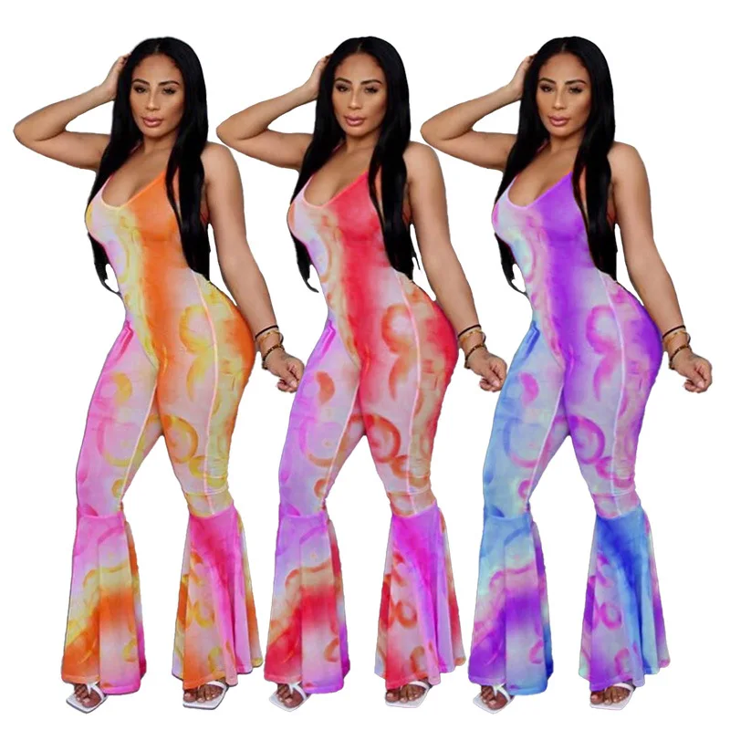 

2020 New Autumn Women Jumpsuit Hot Selling Tie-dye Print Lace Up Backless Tops& Flare Pants Rompers Bodysuit
