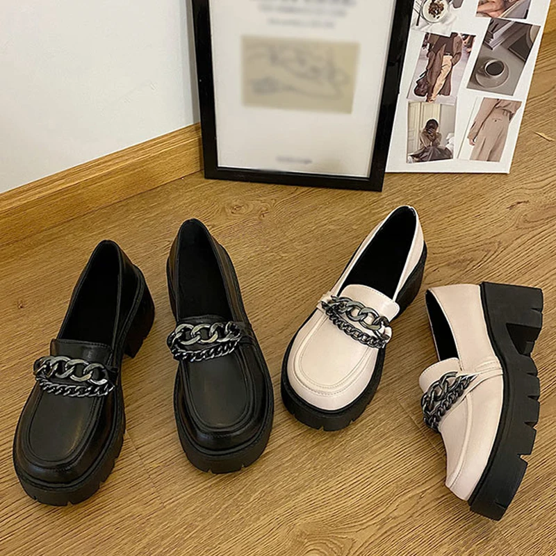 2021fashion Women Chunky Heels Soft Leather Loafers Shoes Ladies Chain