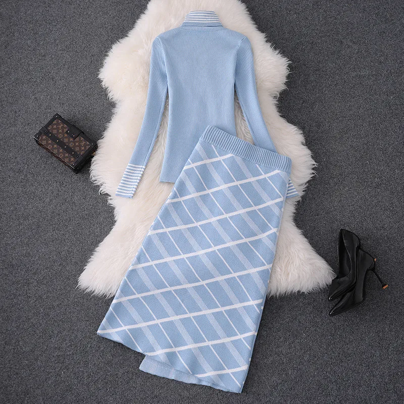 Top Brand Designer Women Sweater Skirt 2Pcs Set 2019 Autumn Winter High Neck Knit Top+Plaid Skirt Suit Set Lady Twinset