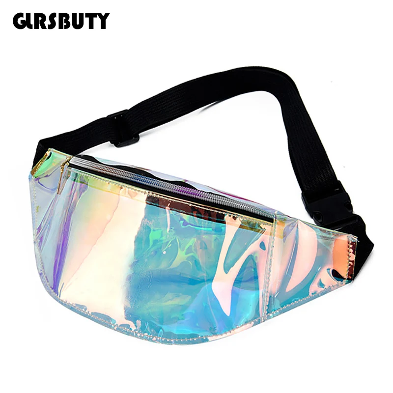 Holográficas translúcido Fanny Pack de holograma láser cintura bolsa de bolsos con forma de Banana Correa bolsa Hip-Viajes, teléfono, soporte para mujer