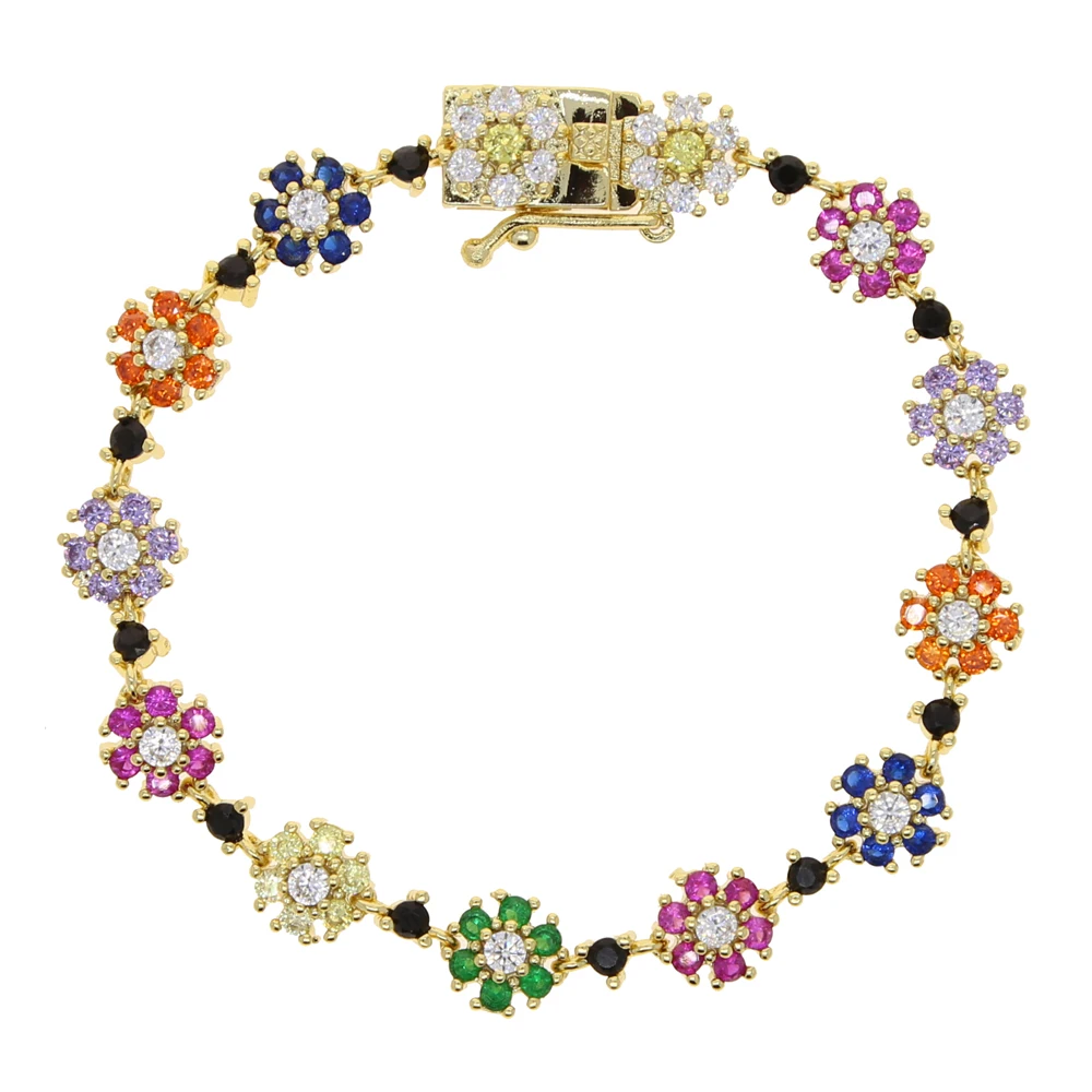 Chain Bracelet Cubic Zirconia Bracelet Fashion Thin Sparking Cz Colorful Flower Link