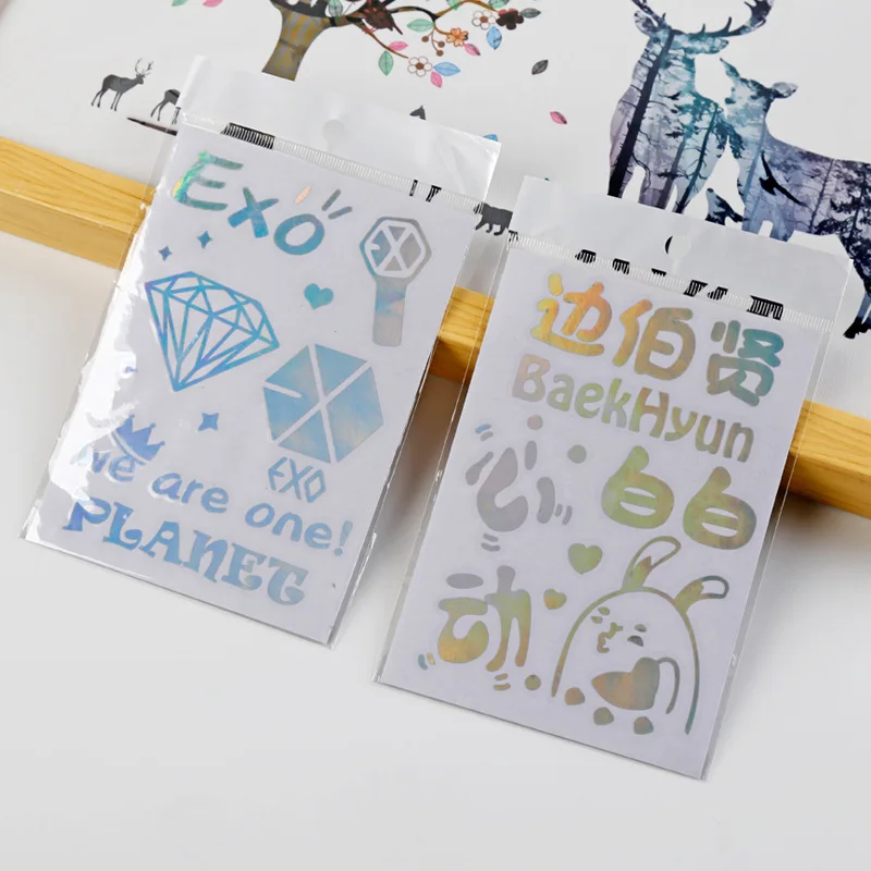 

Kpop EXO phone laser stickers waterproof flash PVC stickers EXO Member name laser gradient ramp KPOP EXO Supplies