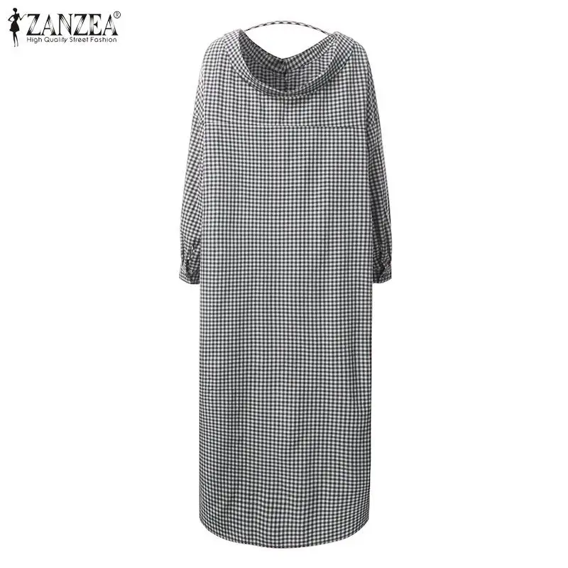 ZANZEA, Модный женский длинный кардиган в клетку, для офиса, леди, хлопок, лен, рубашка в клетку, блузка, повседневная, на пуговицах, туника, топы, блузы