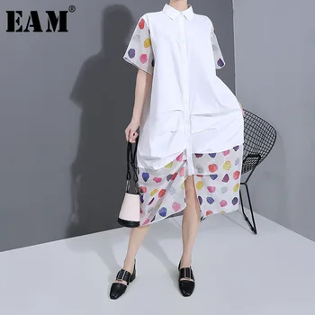 

[EAM] Women White Striped Perspective Big Size Shirt Dress New Lapel Short Sleeve Loose Fit Fashion Spring Summer 2020 1T944