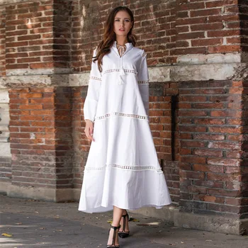 

OLE 2019 New Spring/Summer Women's Net Red Cotton Lace Stitching V-Collar Hollow Bohemia Dress