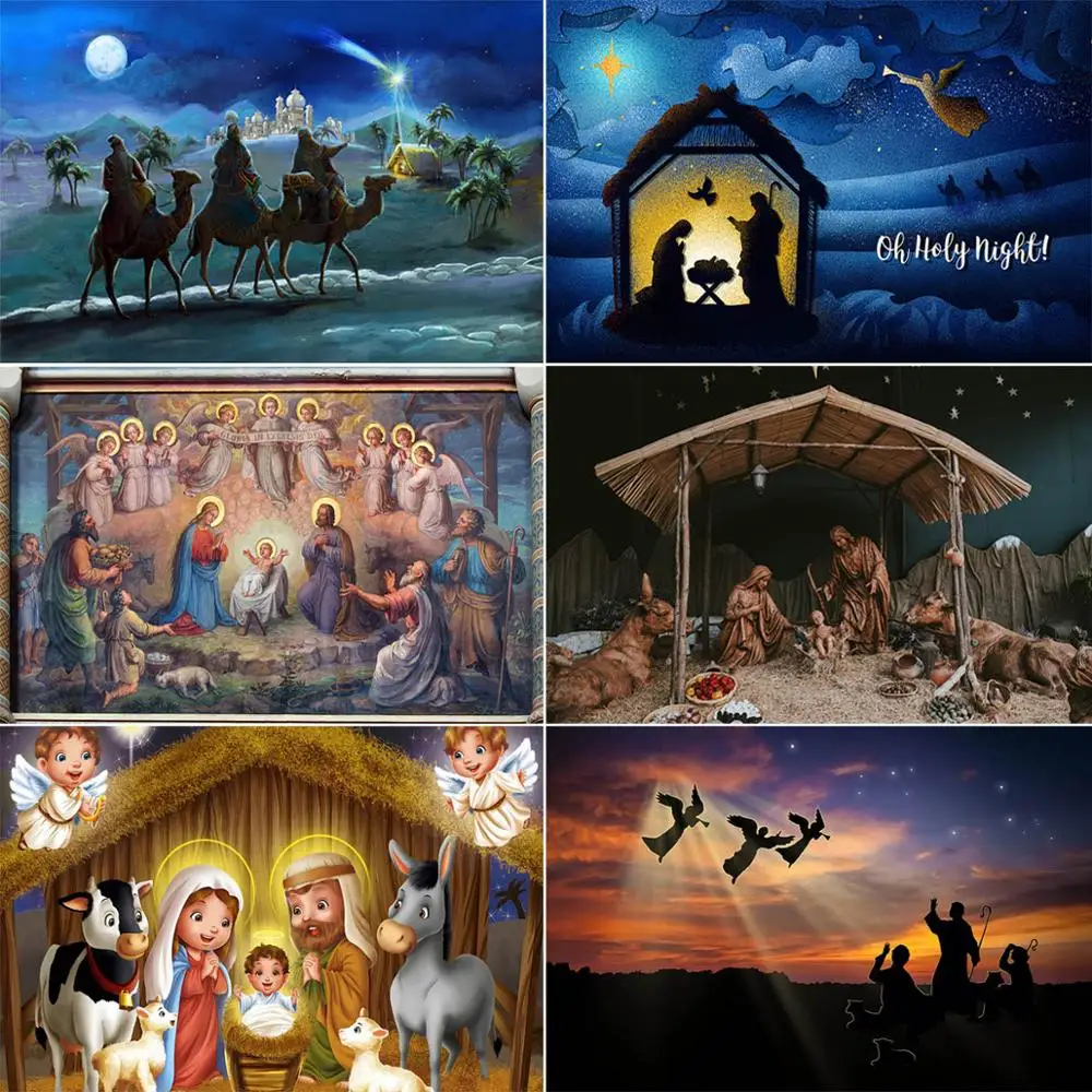

Mocsicka Nativity Scene Backdrop Christian Jesus Nativity Church Night Palms Trees Photography Background For Photo Studio Props