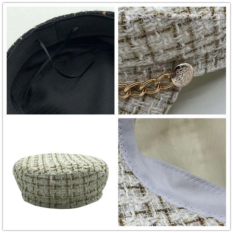 New women hats Tweed plaid newsboy caps chain flat top visor cap vintage plaid military cap female autumn winter hats