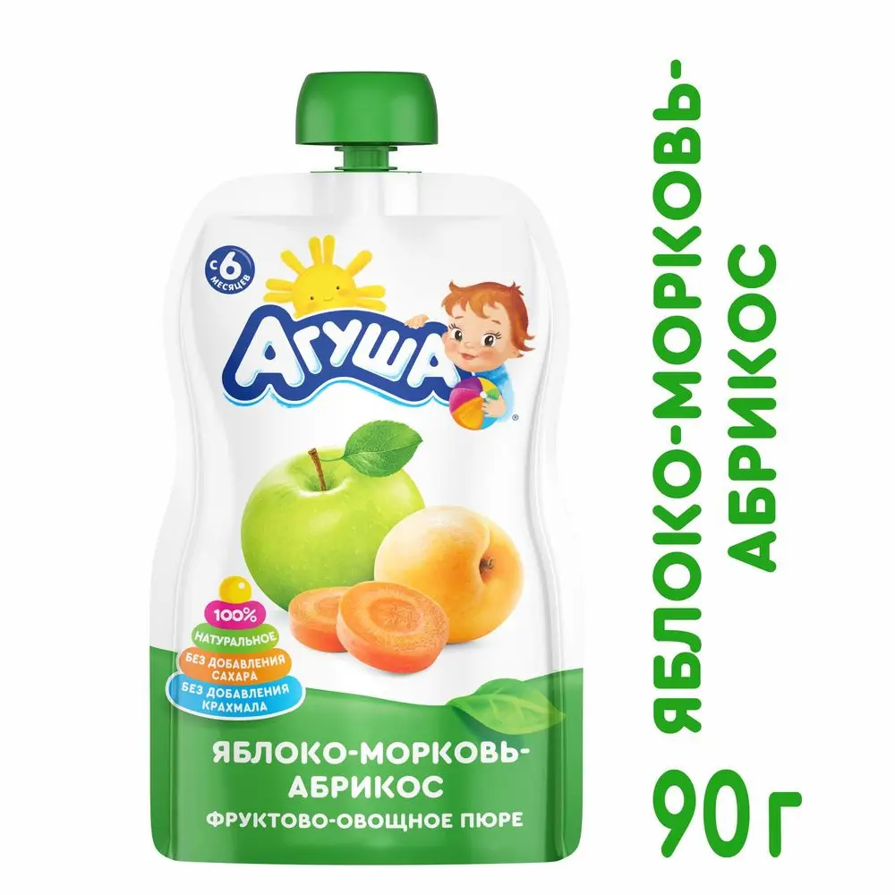 Пюре Агуша яблоко-морковь-абрикос 90г с 6месяцев | Мать и ребенок