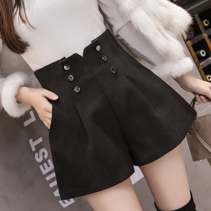 

Double Breasted Woolen Wide-Leg Shorts Women's Photo Shoot 2019 Winter Korean-style Versatile Outer Wear High-waisted Loose-Fit