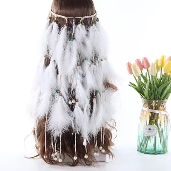 

Fashion White Bohemian Elegant Natural Feather Draped Long Braided Headband Hair Accessories Festive Feather Hair Band Extension
