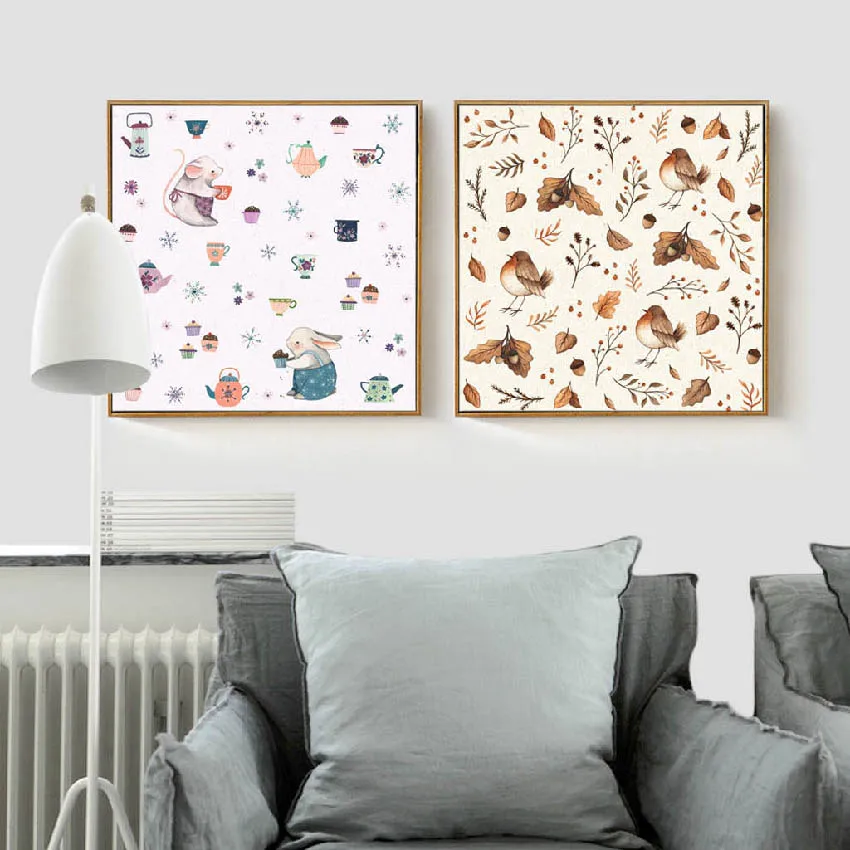 

Nordic Style Kids Decor Posters Cartoon Animals Rabbit Birds Canvas Painting Vintage Art Wall Picture Kitchen Cooking Decoration