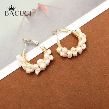 

Gold Color Freshwater Peals Hoop Earrings for Women Bohemia Matel HammeredDrop Earrings Statement Earrings