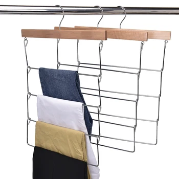 

4 Tier Multifunction Wooden Clothes Wardrobe Pants Hanger Organizer Foldable Trouser Hangers for Saving Space in the Closet