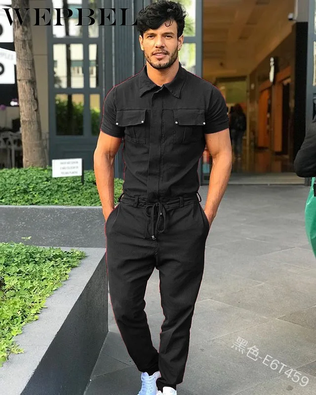 

WEPBEL Men's Casual Solid Color Pocket Lace-up Jumpsuit Summer and Autumn Fashion Short Sleeve Lapel Pencil Jumpsuit