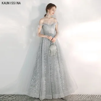 

Elegant Evening Dress Off The Shoulder Appliques Sequined A Line Long Evening Dresses Vestido De Festa Women Party Prom Gowns