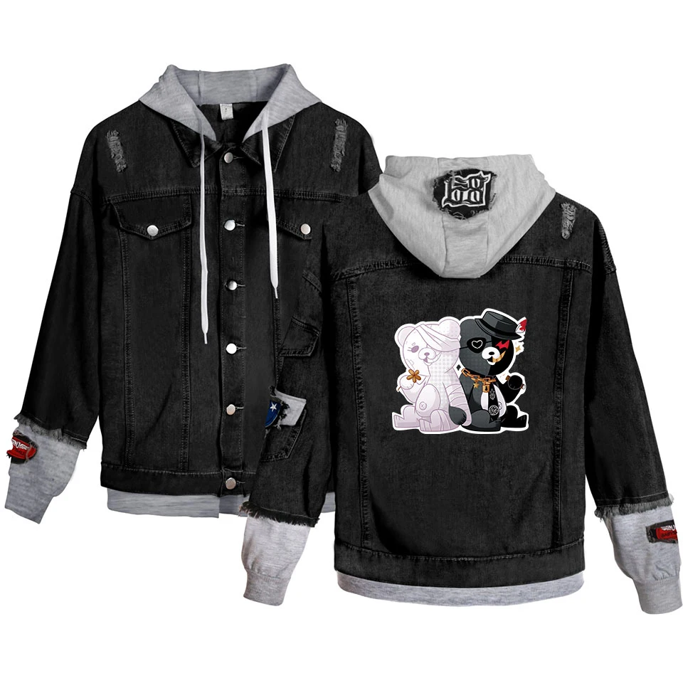 Women/men Dangan Ronpa Hooded Denim Jacket For Women Casual Jeans Jacket Holes Vintage Coat Female loose Streetwear Basic Coats