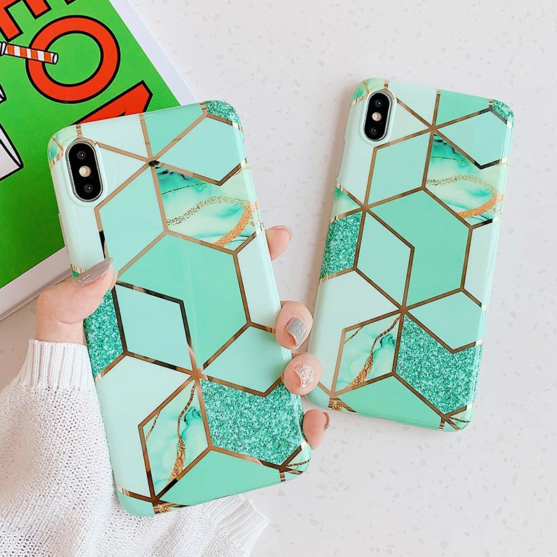 

Geometric Art Marble texture Electroplated Phone Case For iPhone XR XS Max 6 6S 7 8 Plus X Soft IMD Glossy Back Cover Coque