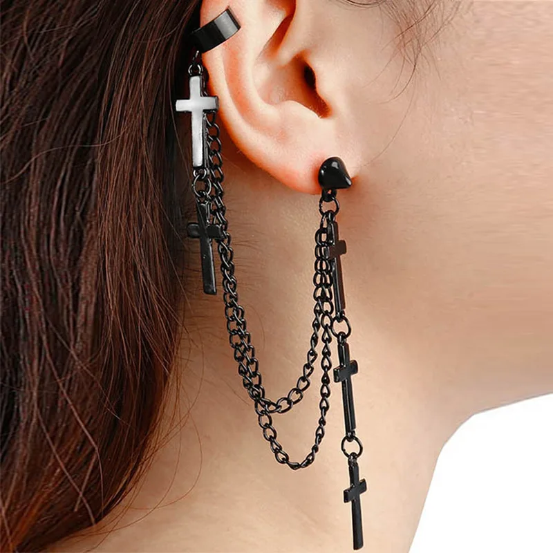 Ear Clip Earrings Titanium Steel Cross Fake Piercing For Men Fashion Chain Tassel For Women Girls