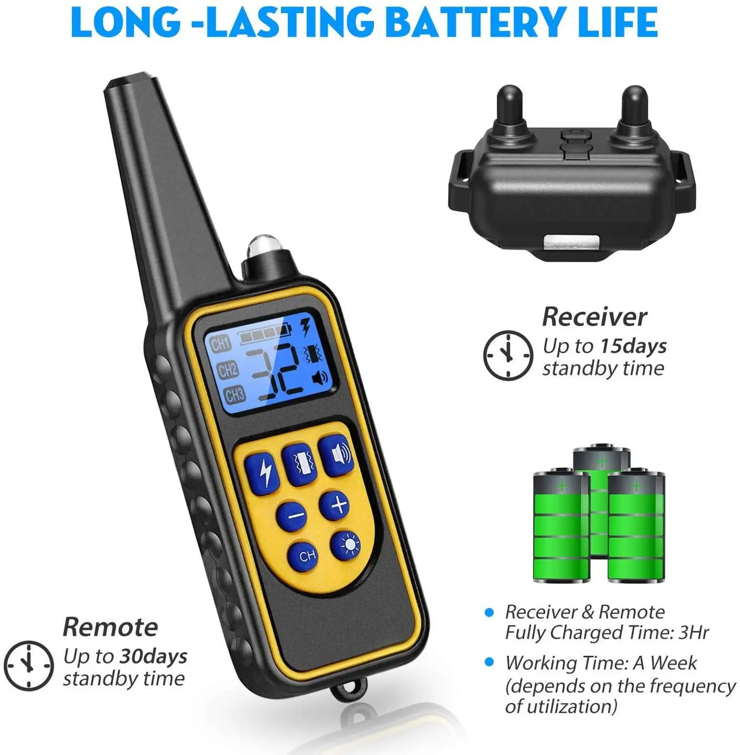 800M Dog Training Shock Collar Rechargeable Dog Collar Remote 3Modes Beep Shock Waterproof Small Medium Large Dogs Bark Collar